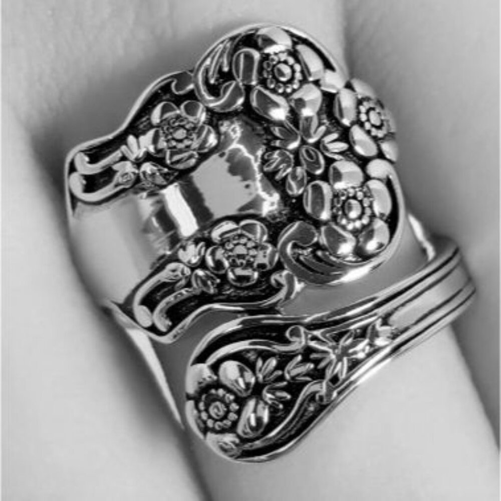 925 STERLING SILVER Vintage Style Flowers Spoon Ring - Picture 10 of 15